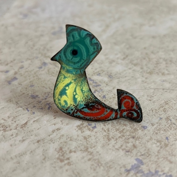 Vintage Jewelry - Vintage Enamel on Copper Pin Aztec Bird 1960s
